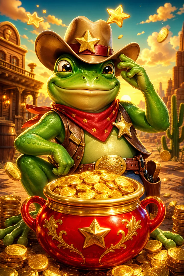 Grüner Cowboy-Frosch mit goldenen Münzen als farbige Slot-Kategorie